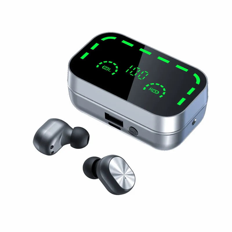 YD05 TWS Bluetooth headset mirror large screen digital display sports earbuds in black with charging compartment