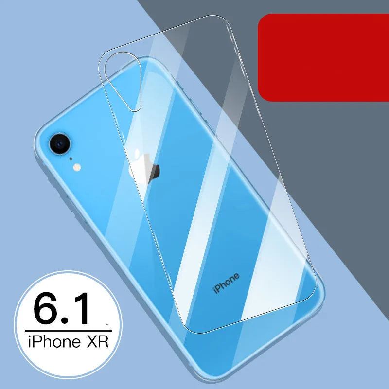 iPhone tempered glass screen protector and rear film kit with anti-fingerprint coating on a table.
