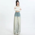 Women's gradient blue straight-leg denim trousers on a hanger.