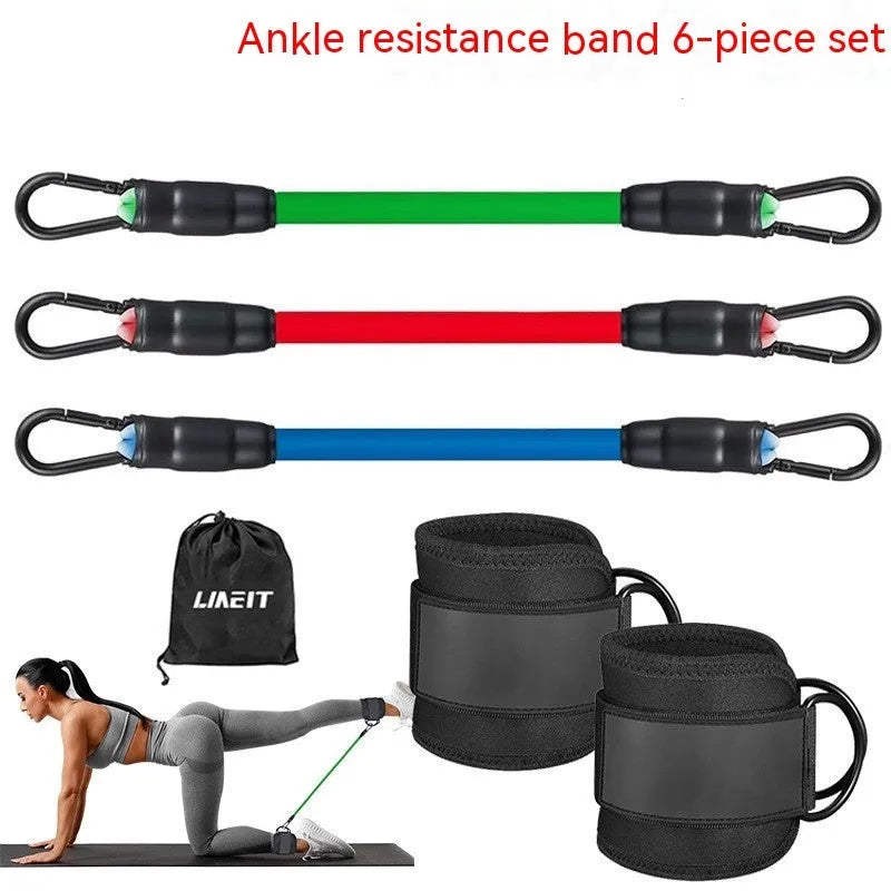 Set of three colour-coded TPE resistance bands with foot loops and a storage bag for fitness.