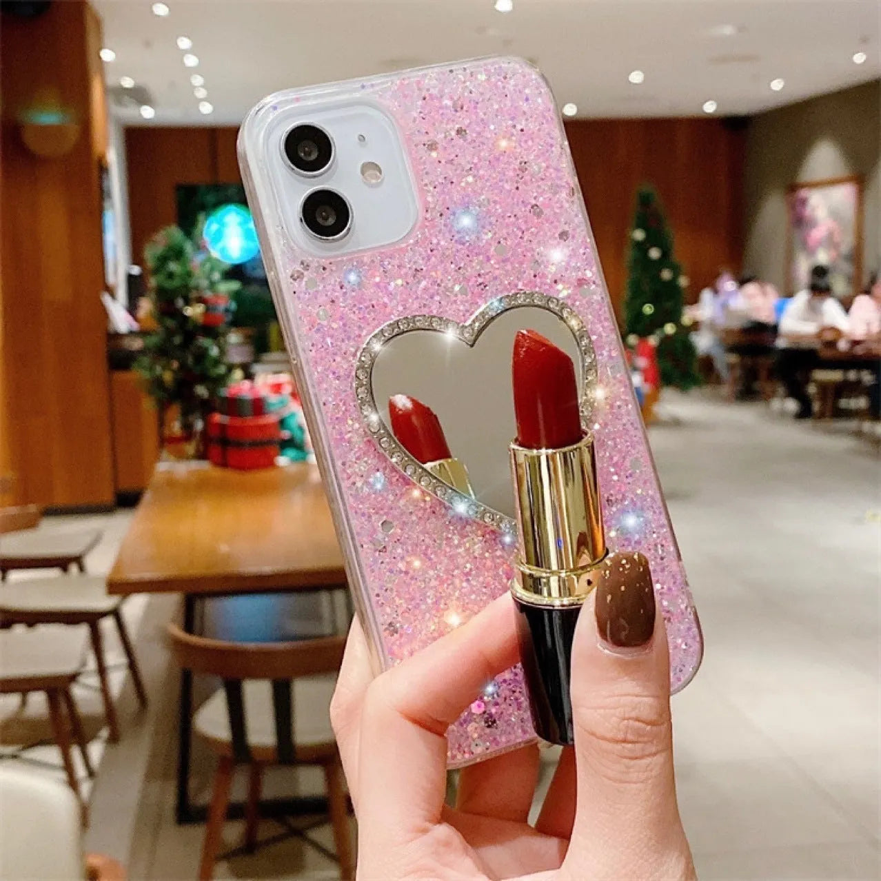 Epoxy mirror heart shape rhinestone phone case for Apple iPhone in glitter heart mirror-gold finish with reflective surface