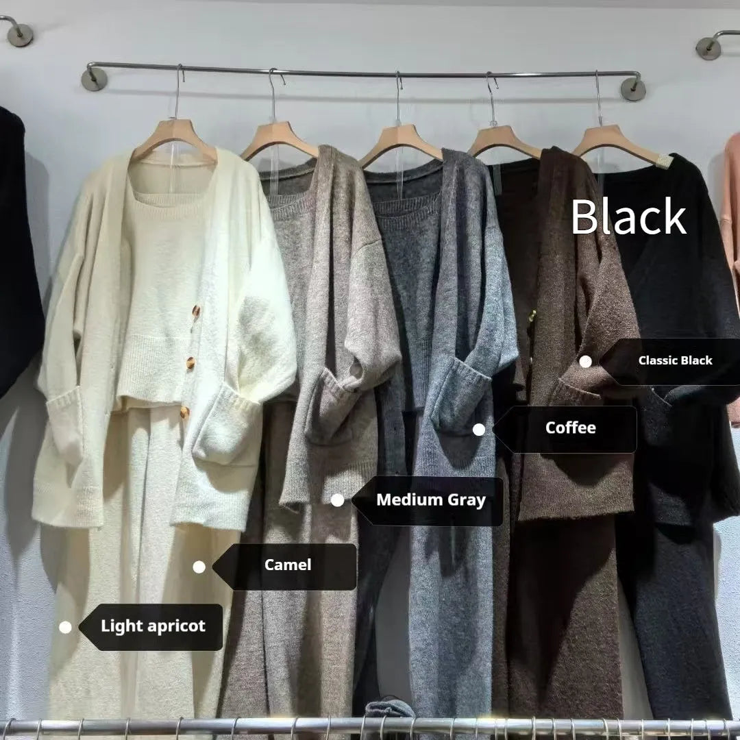 Women's light brown knit cardigan, vest, and loose trousers three-piece set laid flat.
