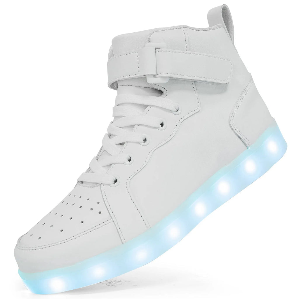 LED illuminated high-top board shoes with Velcro fastening in multiple colour options