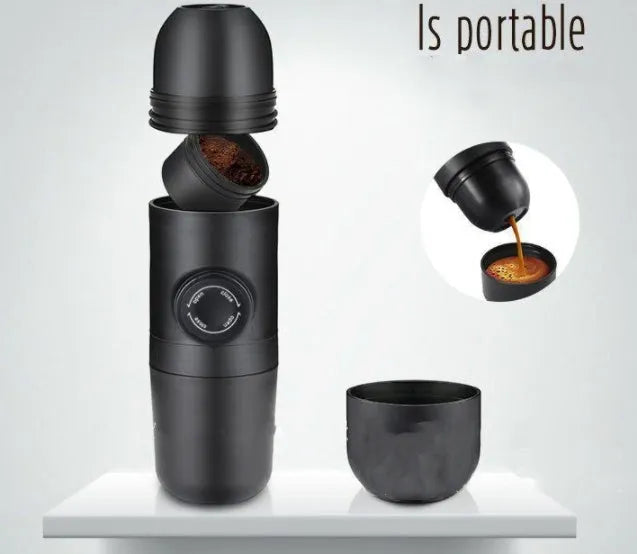 Black portable manual espresso machine showing 6cm diameter and 17.5cm height with stainless steel and plastic components.