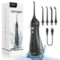 Black prooral portable oral irrigator with water reservoir and smart water toothpick technology