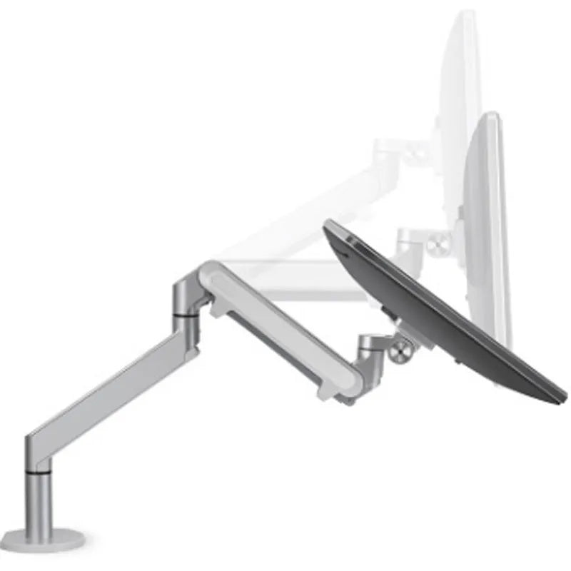 Silver aluminium alloy hover notebook stand on a desk holding a laptop.