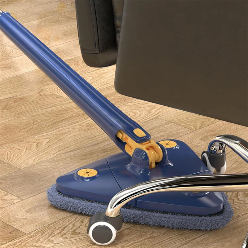 Blue extendable triangle cleaning mop with rotating head and microfiber cloth on a stainless steel pole.