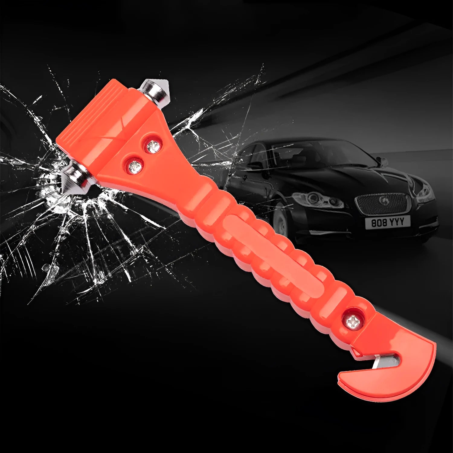 Red car emergency hammer with ABS handle and carbon steel head for breaking windows and cutting seat belts