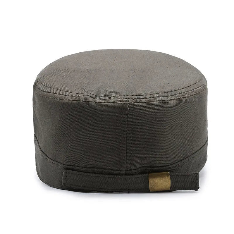 Men's flat-top peaked cotton cap in army green with adjustable strap and English letter detail on the front.