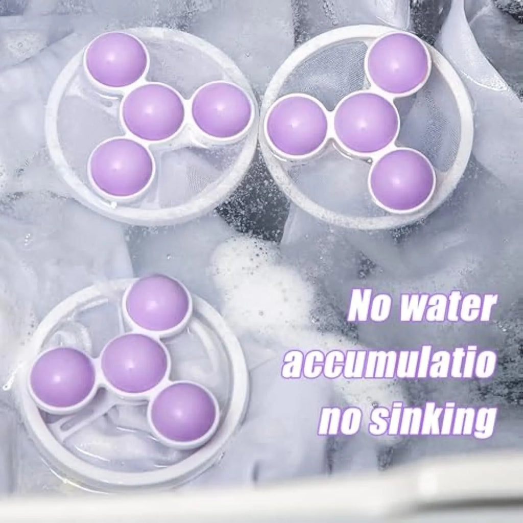Set of three reusable pink blue and purple washing machine hair filter bags for pet lint removal.