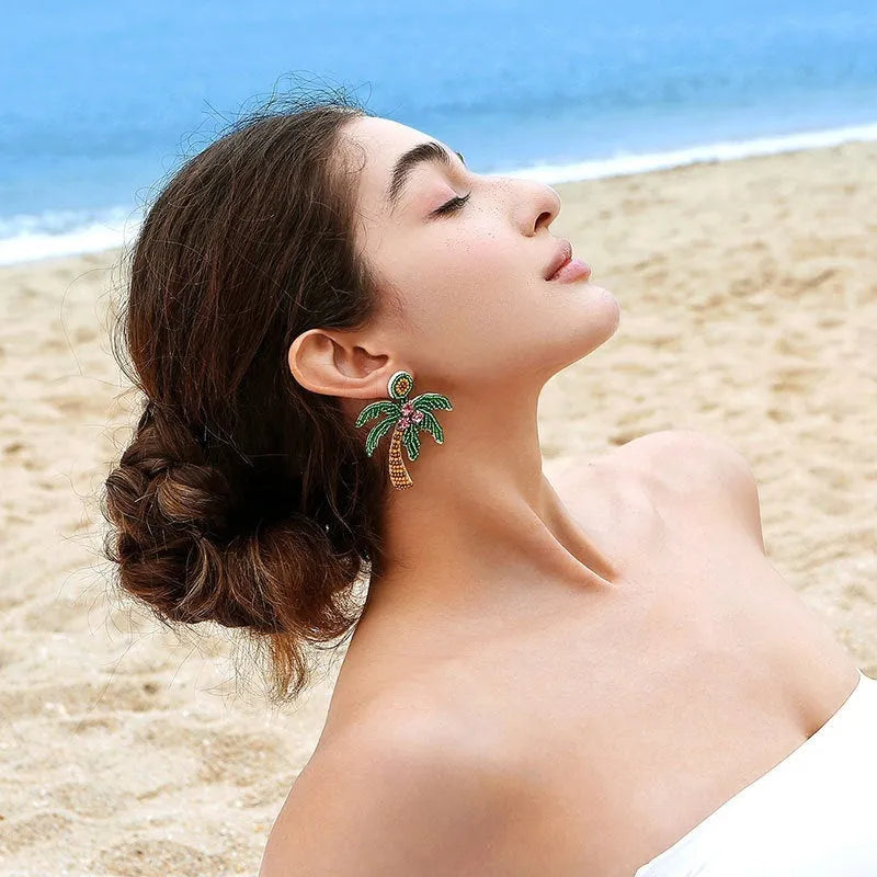 Green handmade beaded ring earrings with fruit-shaped glass and coloured glaze beads on alloy fittings