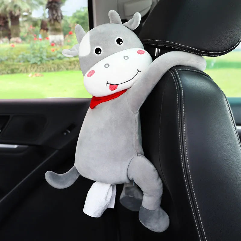 Soft plush car headrest tissue box holder in a cute animal character style.