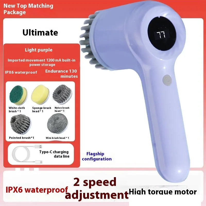 USB rechargeable electric cleaning brush in light grey or purple with waterproof charging for kitchen dishwashing