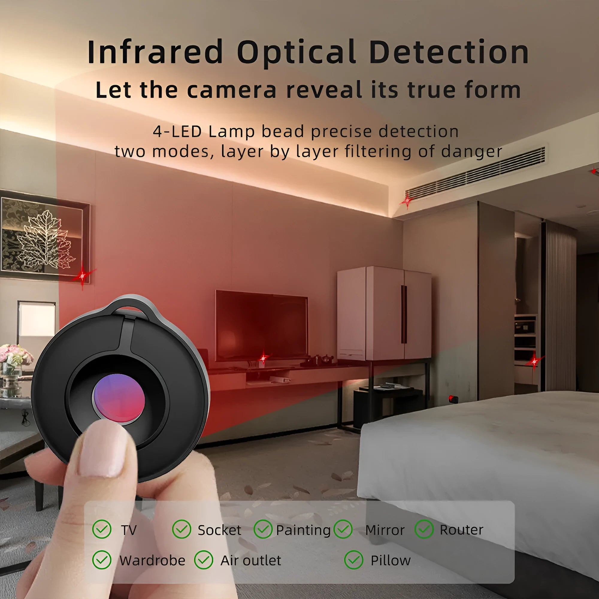 Compact black infrared camera detector for finding hidden cameras with a 5 metre detection range.