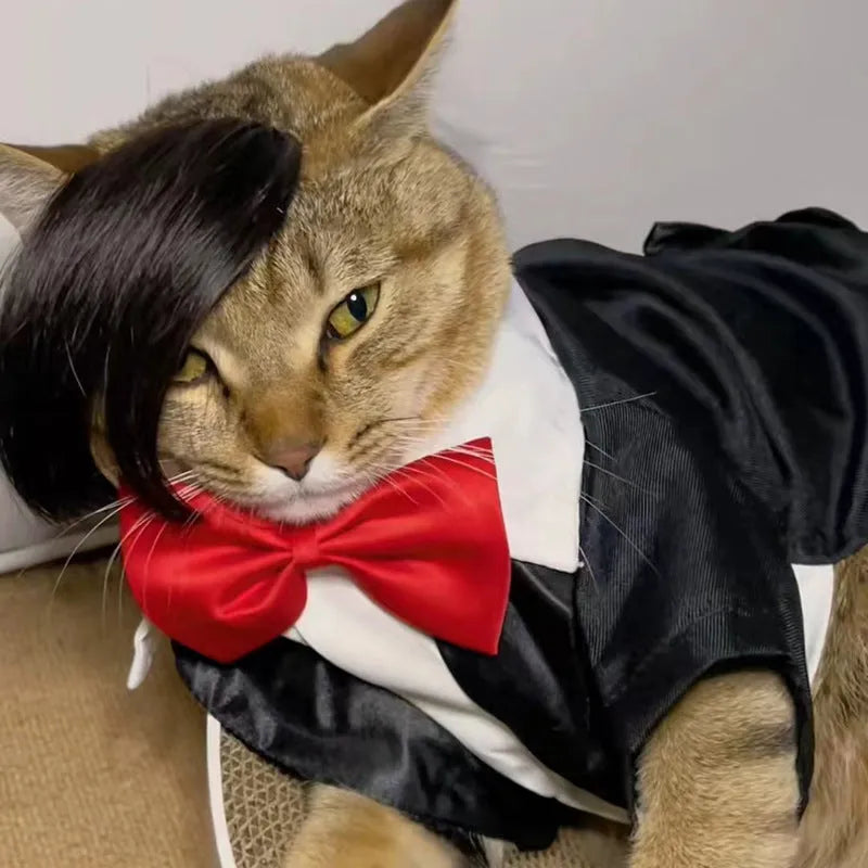 Black polyester cat wig with braided style for fox costume dress up