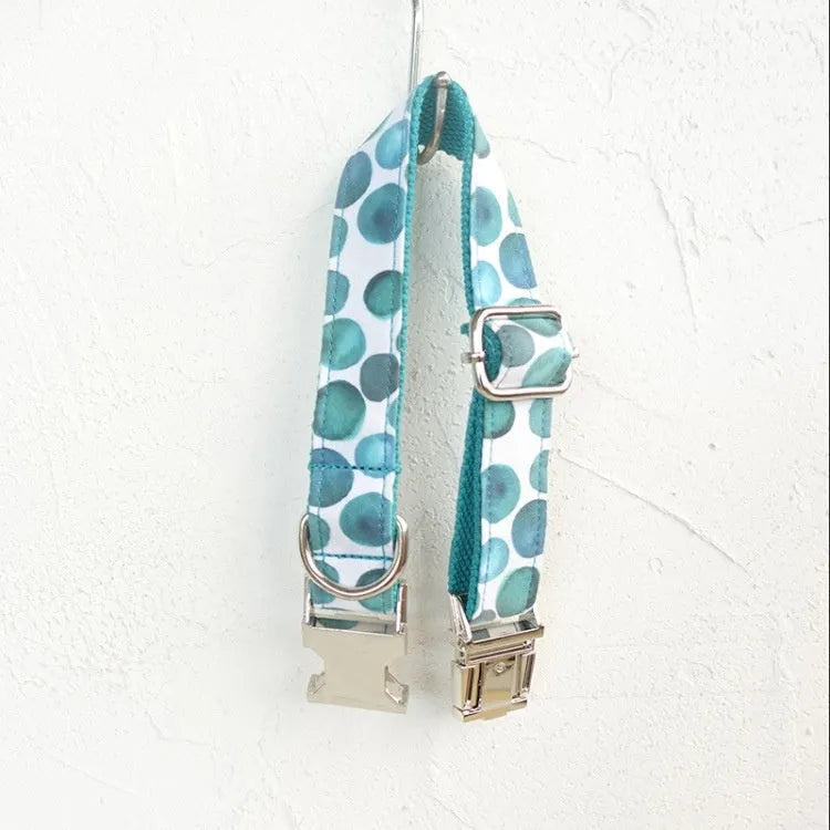 Blue bohemian patterned polyester dog collar on a solid background, size options XS to XL