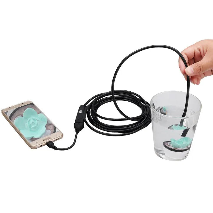 OWSOO USB endoscope camera with 7mm lens, 5m cable, hook, magnet, and side mirror accessories for phone and PC inspections.