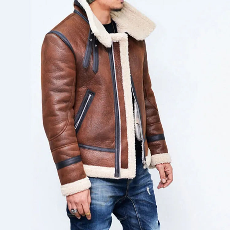 Men's black PU leather winter jacket with highneck faux fur liner and front zip closure against a neutral background
