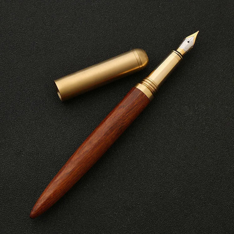 Brass and sandalwood signature pen showing wood grain and metal details at 14cm length