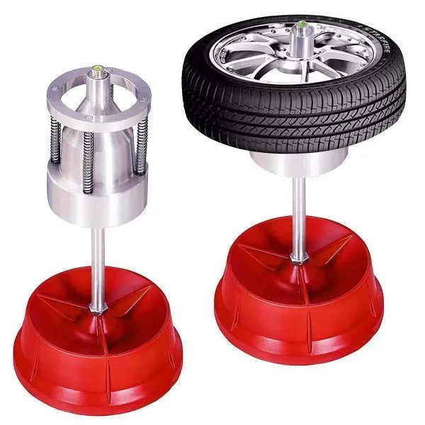 Portable wheel balancer tool with aluminium head and bull's-eye level on a black enamel base.