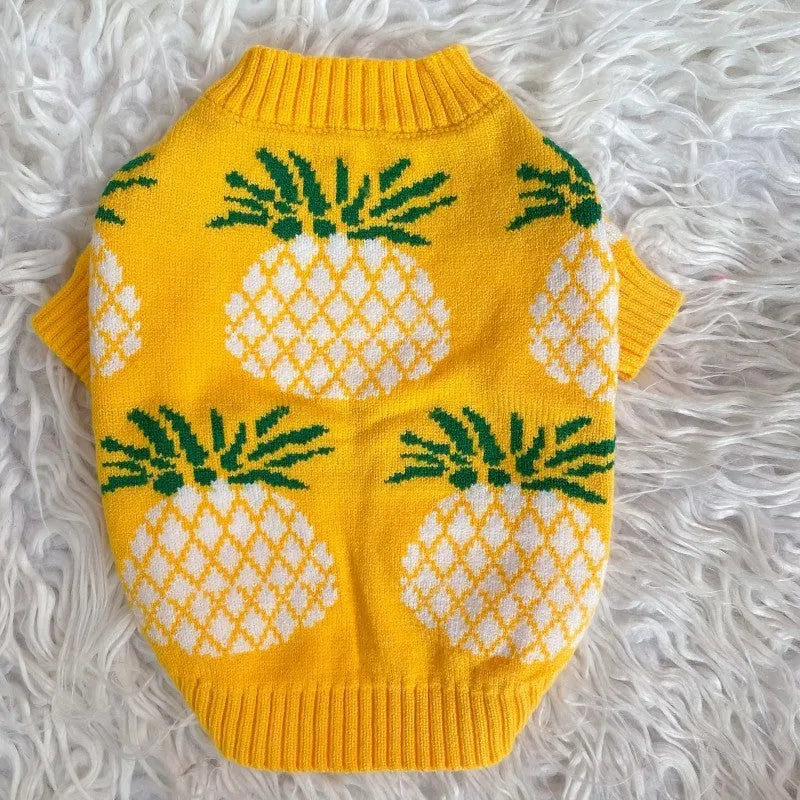 Yellow wool pet coat with pineapple print for autumn and winter, available in sizes S to XXL