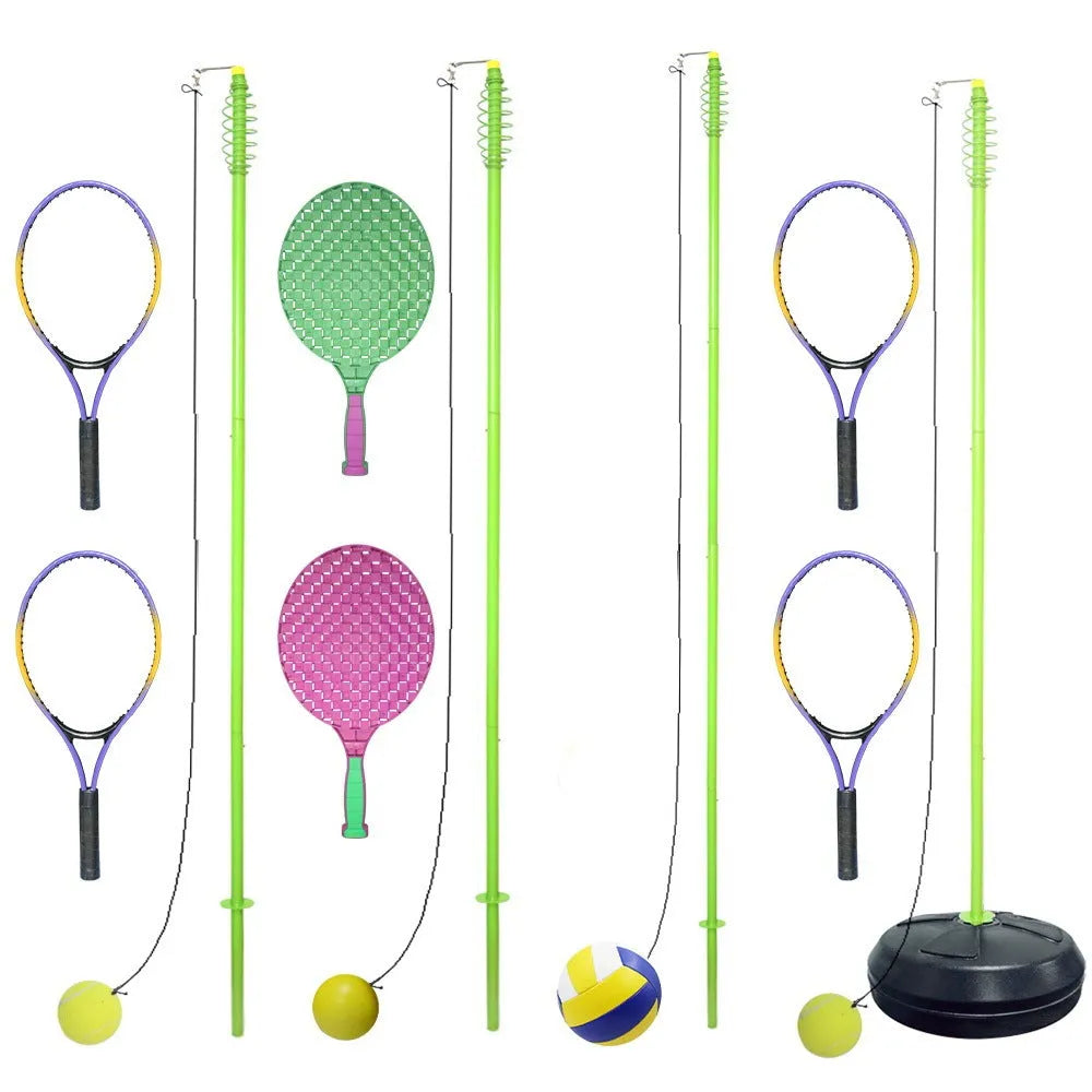 Single tennis trainer with rope, rotating racket, 161cm iron pole, base type or ground plug, ball with string.