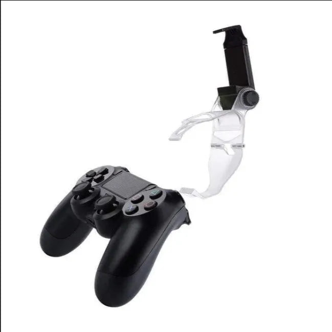 Black PS4 controller clip holding an Android phone, with a micro USB OTG cable connected