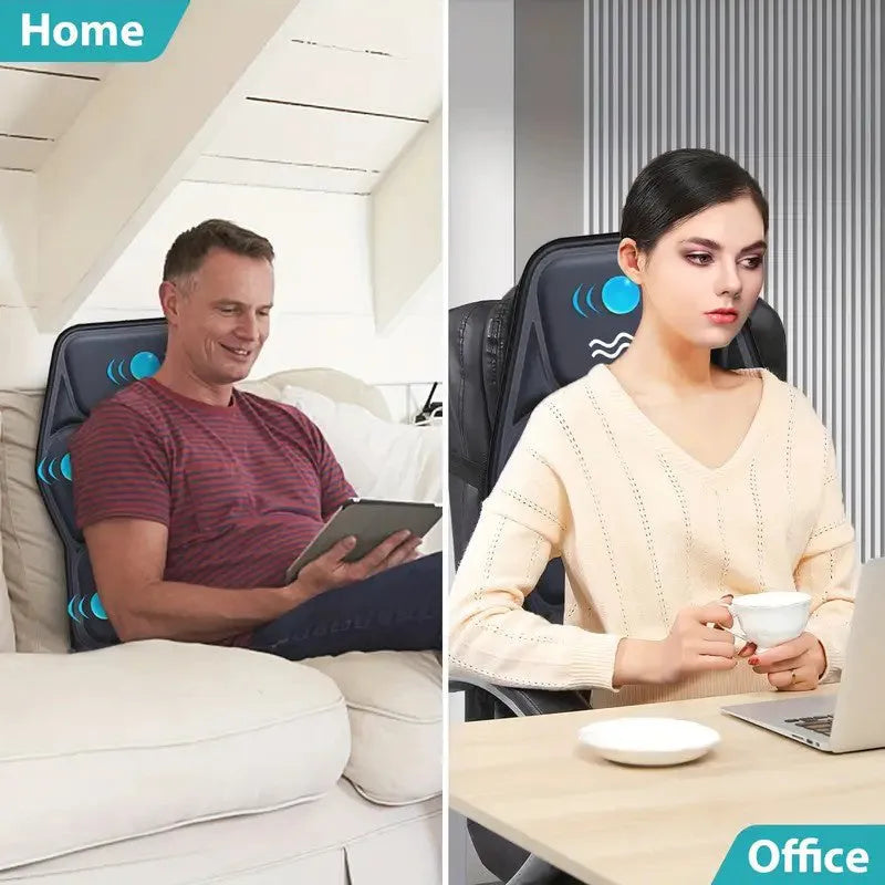 Massage cushion with heat showing control panel and multi-position design for back and neck relief