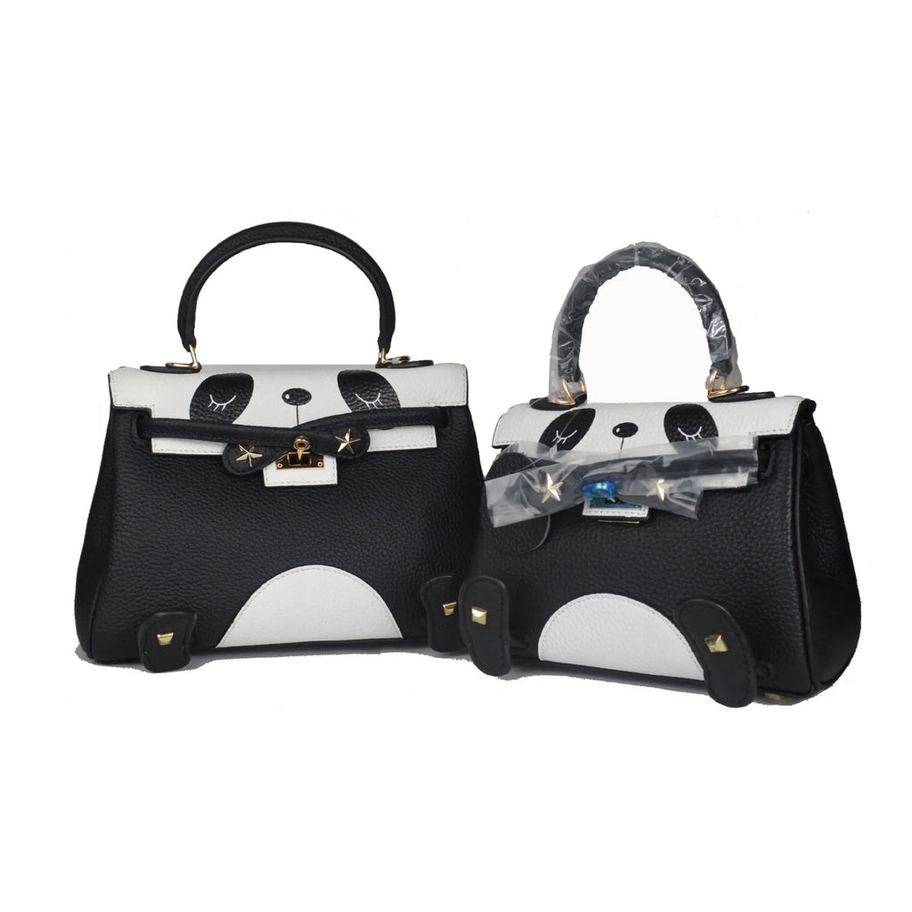 Panda print on a structured horizontal square leather handbag made from first-layer cowhide, shown in two size options.
