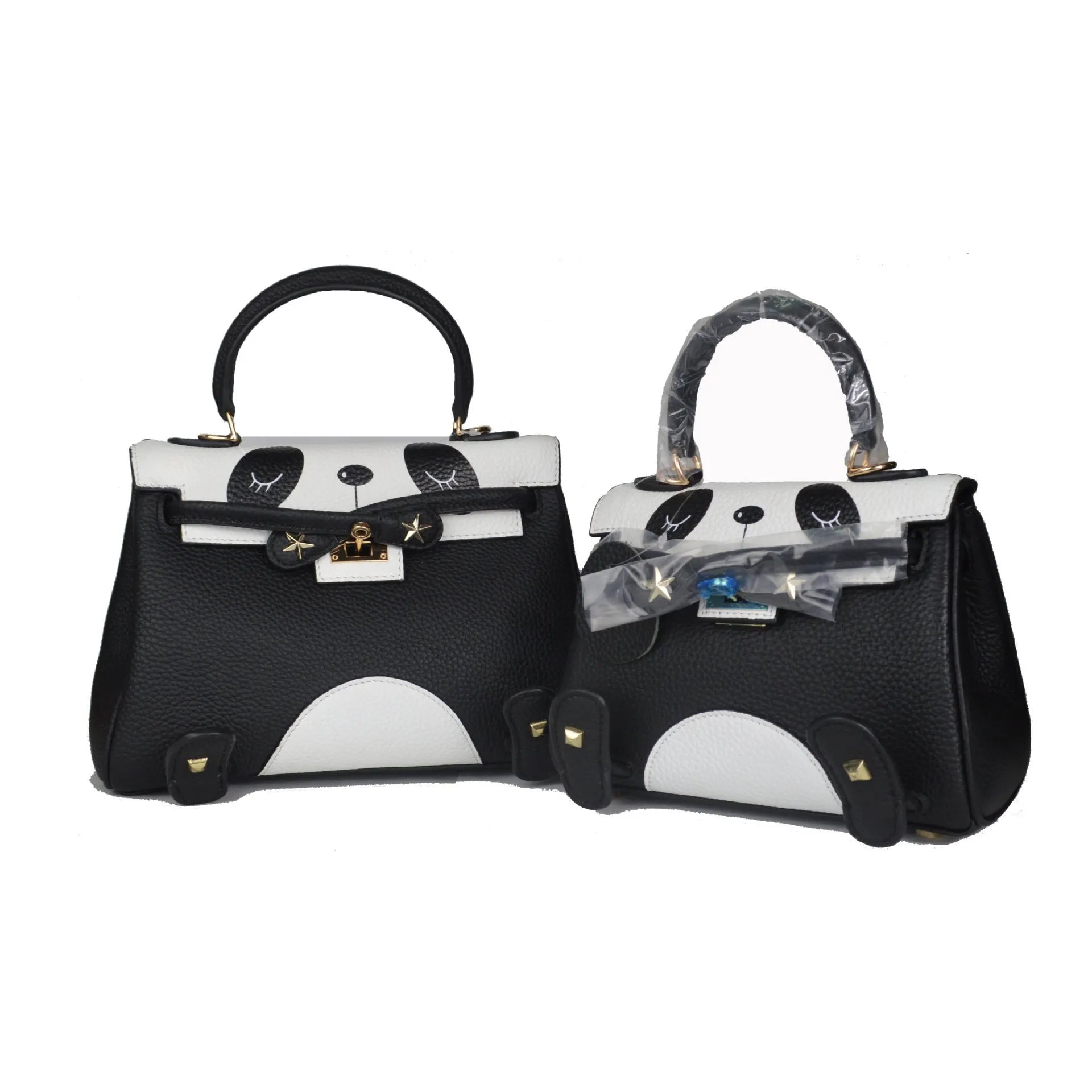 Panda print on a structured horizontal square leather handbag made from first-layer cowhide, shown in two size options.