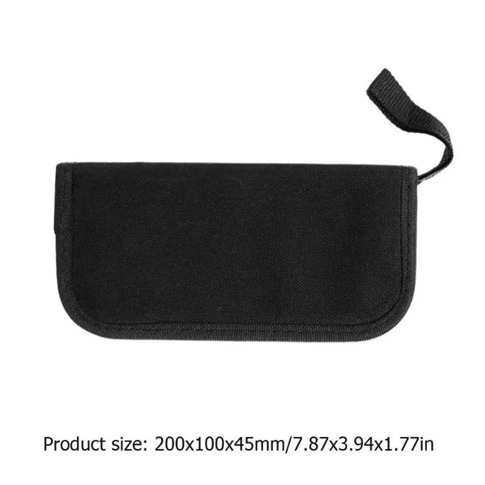 Black ABS plastic case open to reveal 11 metal guitar repair tools including a winder, cutter, ruler, and multi-tool.