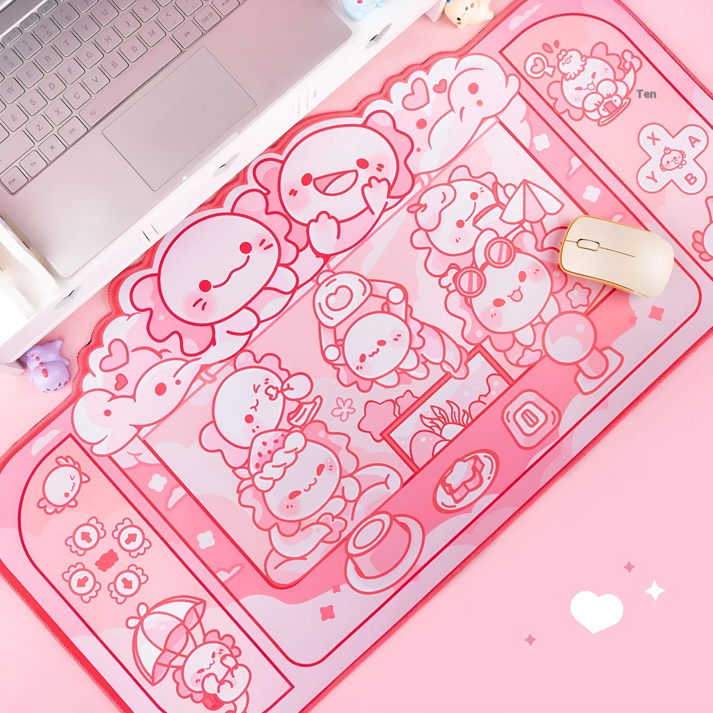 Large rectangular mouse pad with a hexagonal dragon crane cartoon design and an integrated wrist rest.