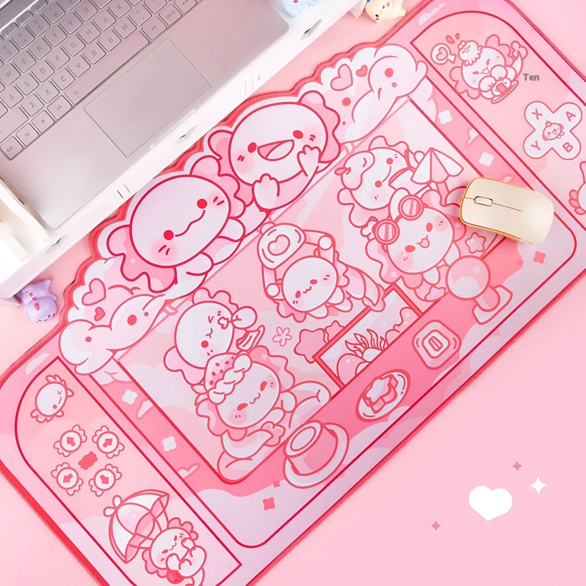 Large rectangular mouse pad with a hexagonal dragon crane cartoon design and an integrated wrist rest.