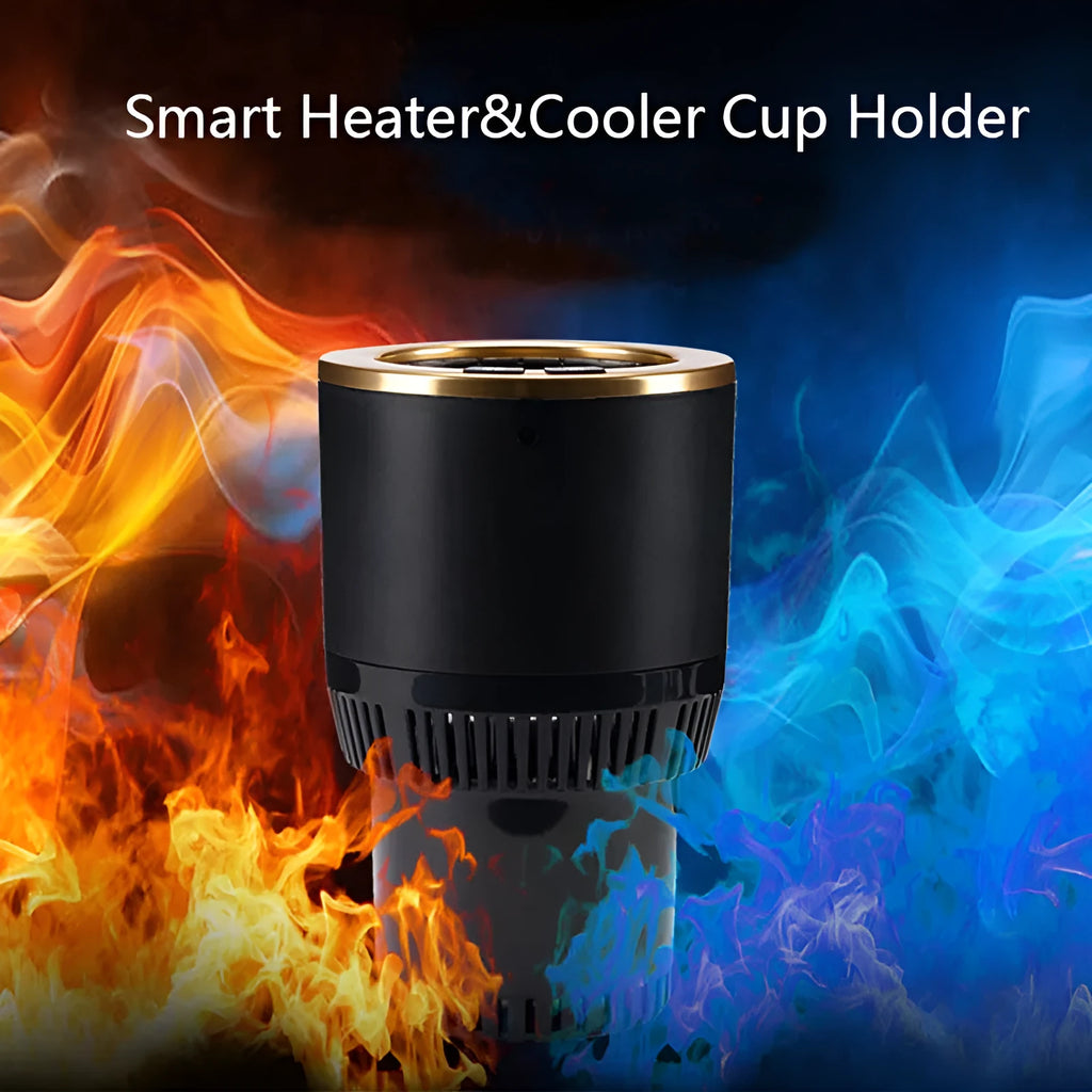 White aluminium car cup holder heater cooler with top ring buttons, resting in vehicle cup holder slot
