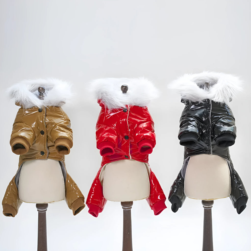 Thickened four leg cotton padded dog coat in black, red, and brown on white background