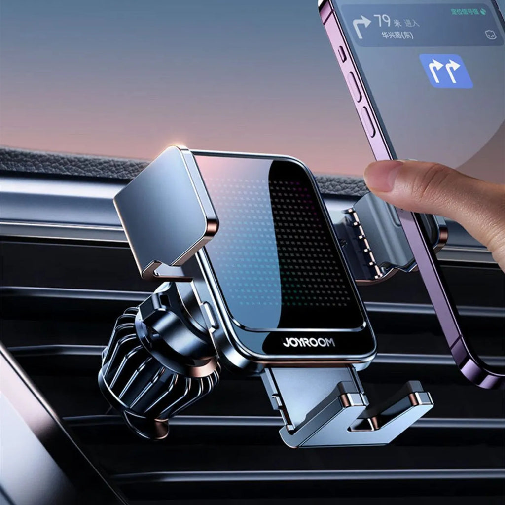 Black car wireless charging bracket mounted on air vent with automatic opening mechanism