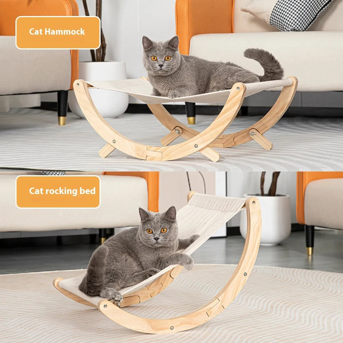 Solid wood foldable cat shaker bed hammock with canvas and plush surfaces