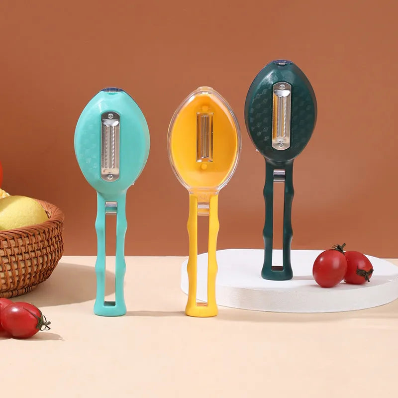 Yellow kitchen peeler knife with storage lid for fruit and potato peeling