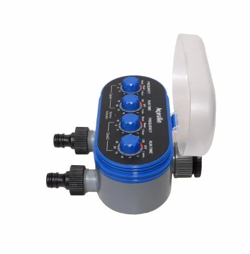 Dual Timed Irrigation Controller automatic garden watering device with battery compartment and hose connections