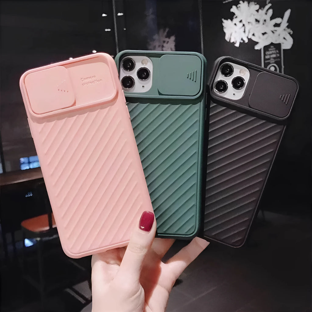 Soft TPU iPhone case with slide camera lens protector and matte back cover in black, green and blue