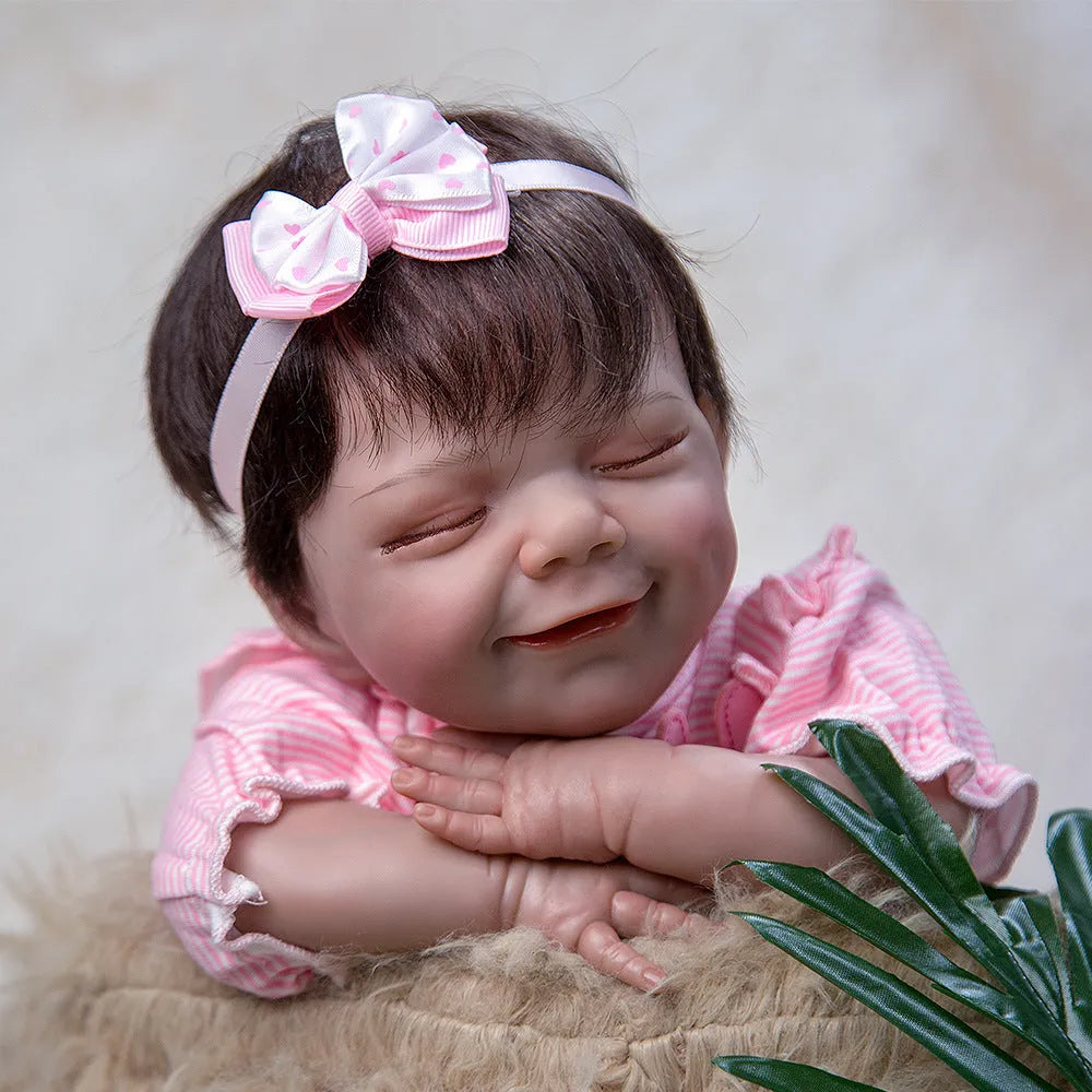50cm soft silicone simulation baby doll with closed eyes, hand-implanted fibre-optic hair, and cotton body