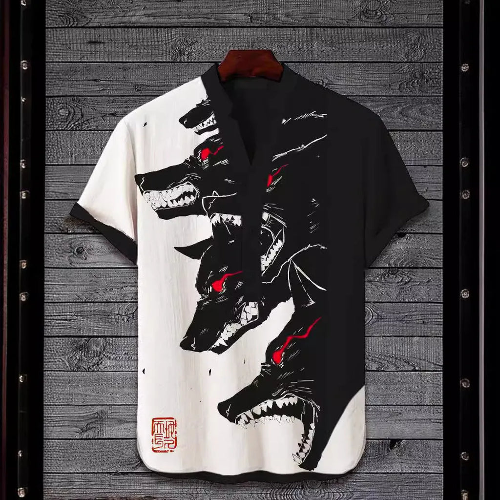 3D digital animal pattern short sleeve casual shirt on a hanger, showing one of thirteen colour variants.