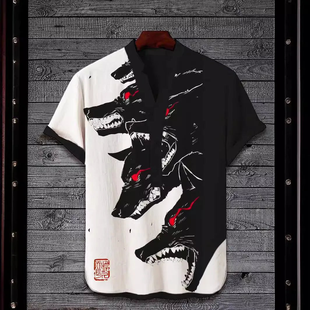 3D digital animal pattern short sleeve casual shirt on a hanger, showing one of thirteen colour variants.