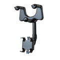 Classic black rearview mirror phone holder mounted on a car mirror, showing its adjustable arm and four-claw phone grip.