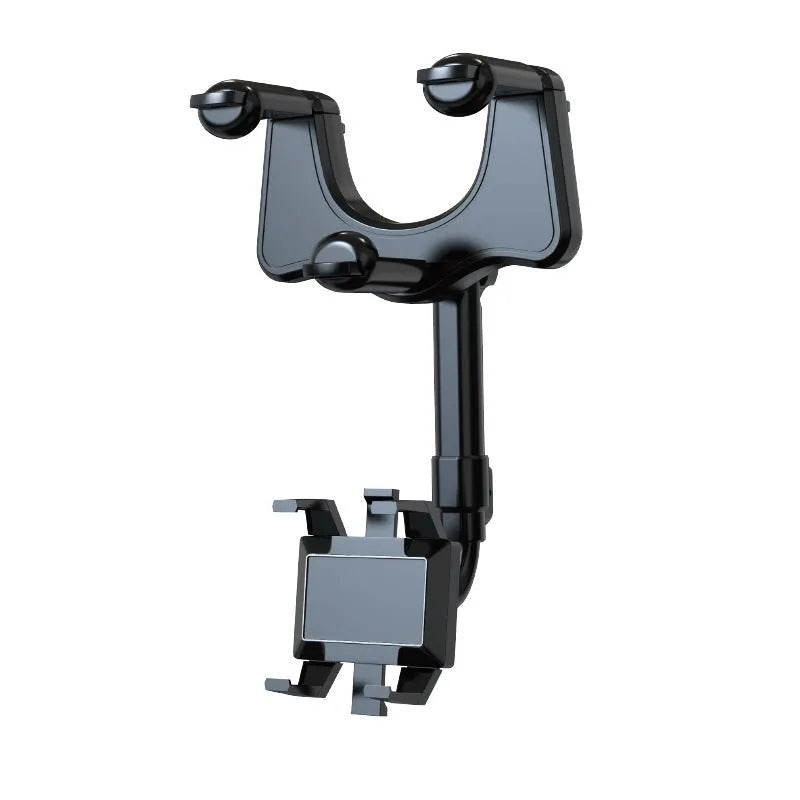Black rearview mirror phone holder with retractable arm and four-claw grip shown mounted on a car mirror