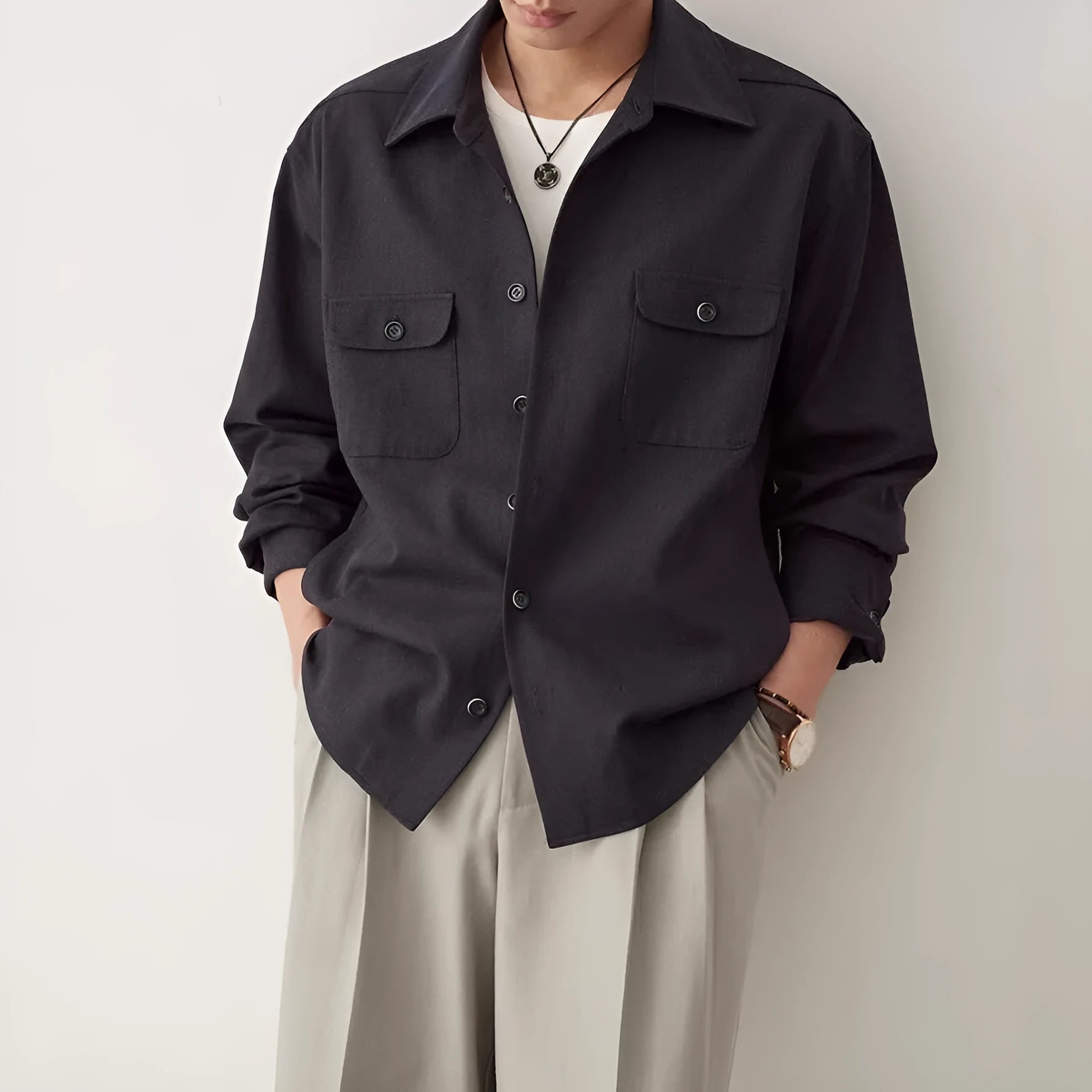 Men's simple lapel shirt in chemical fibre blend, shown in light sand rice colour