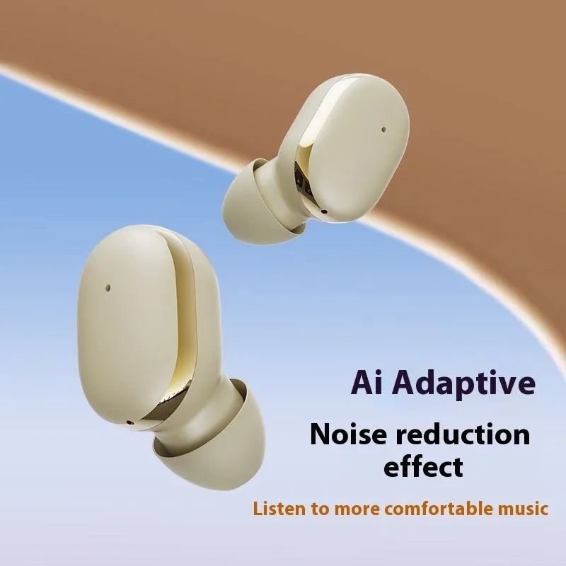 Wireless Bluetooth headset in black with digital display screen and in-ear earbuds on charging case