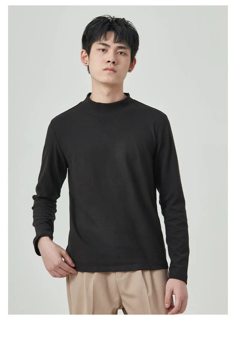 Men's half-high collar long sleeve t-shirt in brown solid colour