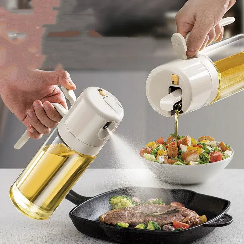 Warm grey 550ml glass oil sprayer bottle with switchable spray/pour cap on kitchen counter