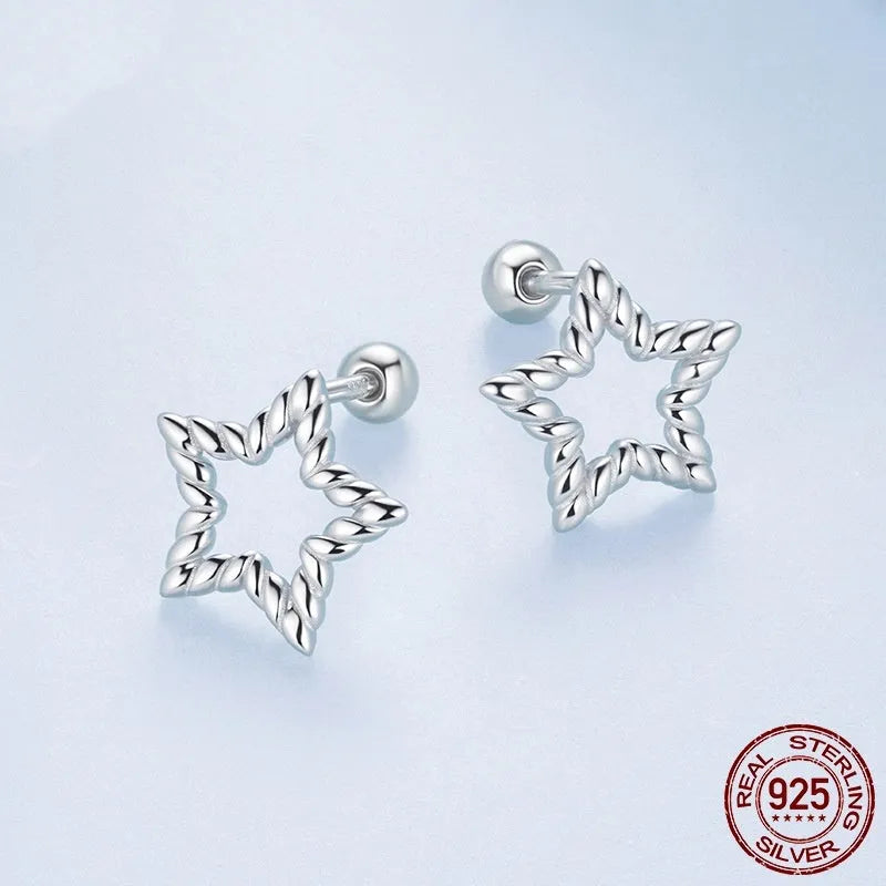 S925 sterling silver star stud earrings with electroplated finish, simple classic silver studs for women, supplied as a pair